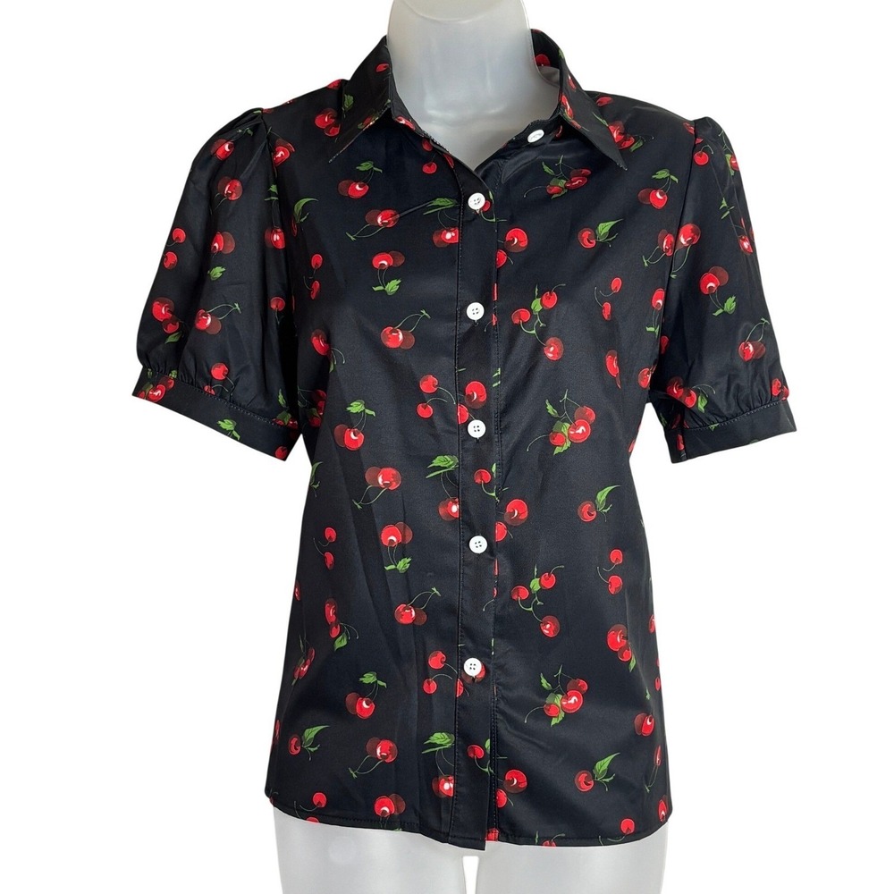 Black Cherry Print Puff Sleeve Button Down Blouse Rockabilly Retro Top | Medium - Picture 5 of 9